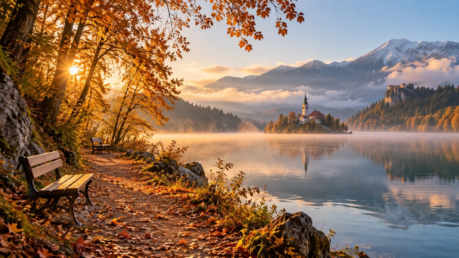 Artistic illustration of a quiet autumn morning at Lake Bled with golden trees, benches and the island church